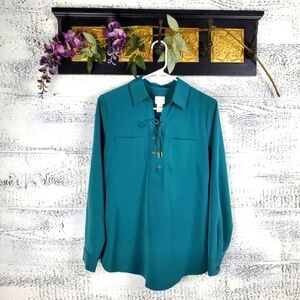 Chico's Lace Up Neckline Top Long Sleeves Green Blouse Sz 0/4/S